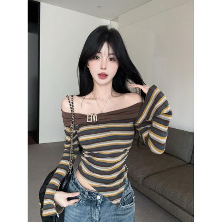 FA38919# 秋冬纯欲一字肩撞色拼接条纹显瘦不规则上衣 服裝批發女裝批發服飾貨源