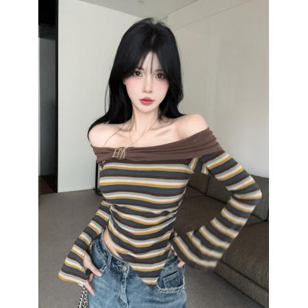 FA38919# 秋冬纯欲一字肩撞色拼接条纹显瘦不规则上衣 服裝批發女裝批發服飾貨源