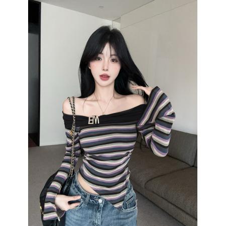 FA38919# 秋冬纯欲一字肩撞色拼接条纹显瘦不规则上衣 服裝批發女裝批發服飾貨源