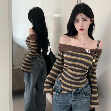 FA38919# 秋冬纯欲一字肩撞色拼接条纹显瘦不规则上衣 服裝批發女裝批發服飾貨源