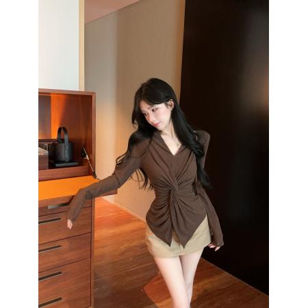 FA38920# V领扭结修身显瘦气质百搭长袖上衣 服裝批發女裝批發服飾貨源