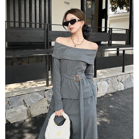 FA38927# 舒适休闲一字肩两件套女秋冬系带收腰显瘦上衣高腰阔腿裤套装 服裝批發女裝批發服飾貨源