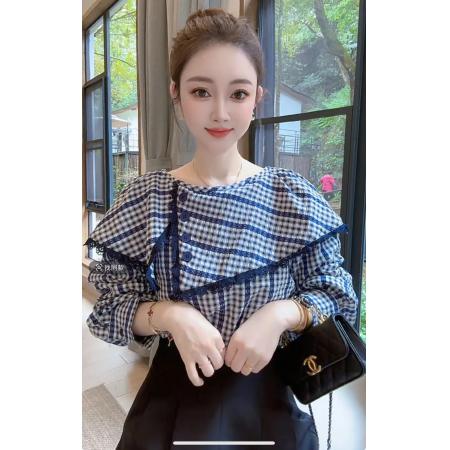 FA38928# 豆子优选-春季新款韩系洋气格纹设计感不规则翻领长袖衬衫 服裝批發女裝批發服飾貨源