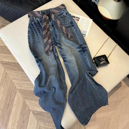 韩系领带腰绳复古水洗高腰直筒宽松显瘦阔腿百搭牛仔长裤子女 服裝批發女裝批發服飾貨源