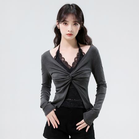 FA38940# 秋季性感蕾丝拼接假俩件设计感扭结性感长袖针织上衣女 服裝批發女裝批發服飾貨源