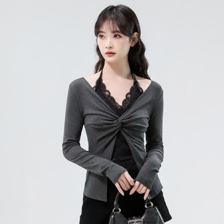 FA38940# 秋季性感蕾丝拼接假俩件设计感扭结性感长袖针织上衣女 服裝批發女裝批發服飾貨源