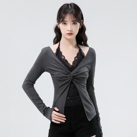 FA38940# 秋季性感蕾丝拼接假俩件设计感扭结性感长袖针织上衣女 服裝批發女裝批發服飾貨源