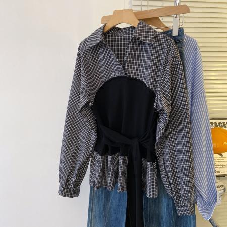 FA38942# 大码女装秋季新款设计感拼接绑带假两件长袖格子衬衫女 服裝批發女裝批發服飾貨源