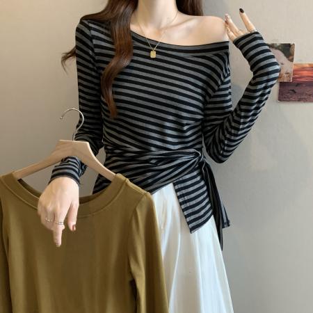 FA38943# 大码女装不规则开叉上衣女秋季新款收腰设计感百搭T恤 服裝批發女裝批發服飾貨源