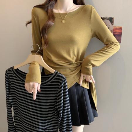 FA38943# 大码女装不规则开叉上衣女秋季新款收腰设计感百搭T恤 服裝批發女裝批發服飾貨源