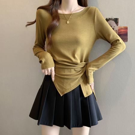FA38943# 大码女装不规则开叉上衣女秋季新款收腰设计感百搭T恤 服裝批發女裝批發服飾貨源