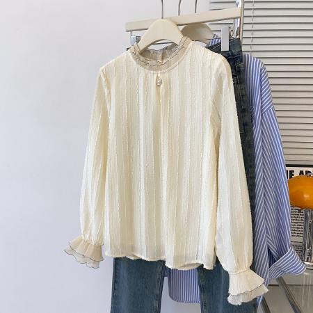 FA38944# 挂拍秋季新款大码女装长袖衬衫女胖mm宽松百搭蕾丝上衣 服裝批發女裝批發服飾貨源