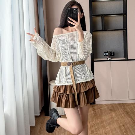 FA38945# 网红韩版时尚纯色镂空针织衫女长袖松紧腰百搭短裙三件套套装 服裝批發女裝批發服飾貨源