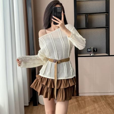 FA38945# 网红韩版时尚纯色镂空针织衫女长袖松紧腰百搭短裙三件套套装 服裝批發女裝批發服飾貨源
