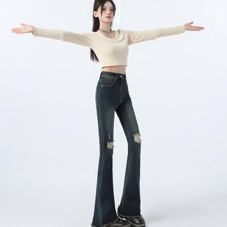 秋新款复古高腰破洞毛边微喇牛仔裤女辣妹修身显瘦喇叭裤 服裝批發女裝批發服飾貨源