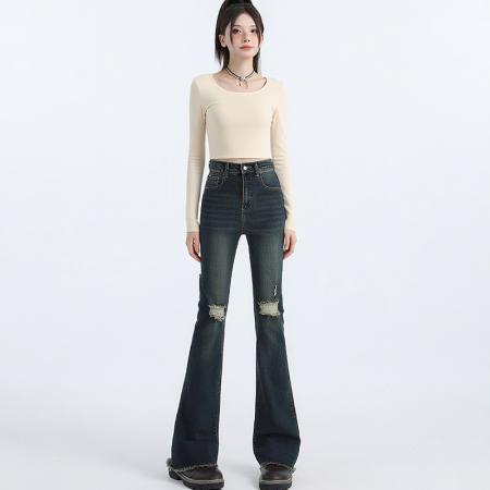 FA38949# 秋新款复古高腰破洞毛边微喇牛仔裤女辣妹修身显瘦喇叭裤 服裝批發女裝批發服飾貨源