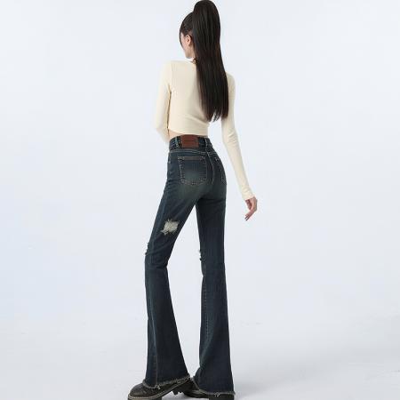 FA38949# 秋新款复古高腰破洞毛边微喇牛仔裤女辣妹修身显瘦喇叭裤 服裝批發女裝批發服飾貨源