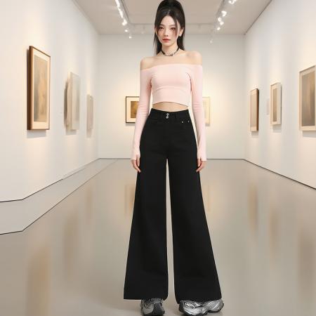 FA38952# 秋冬热卖新款美式复古牛仔裤女高腰宽松不贴腿微喇阔腿裤 服裝批發女裝批發服飾貨源