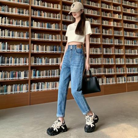 秋季新款热卖复古蓝哈伦牛仔裤女双扣高腰宽松百搭老爹裤 服裝批發女裝批發服飾貨源