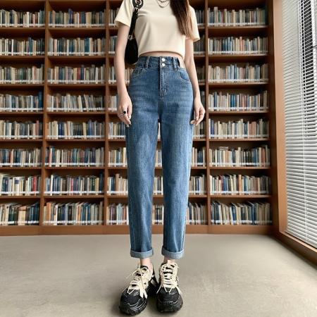 FA38953# 秋季新款热卖复古蓝哈伦牛仔裤女双扣高腰宽松百搭老爹裤 服裝批發女裝批發服飾貨源