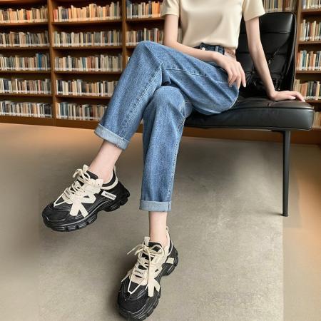 FA38953# 秋季新款热卖复古蓝哈伦牛仔裤女双扣高腰宽松百搭老爹裤 服裝批發女裝批發服飾貨源