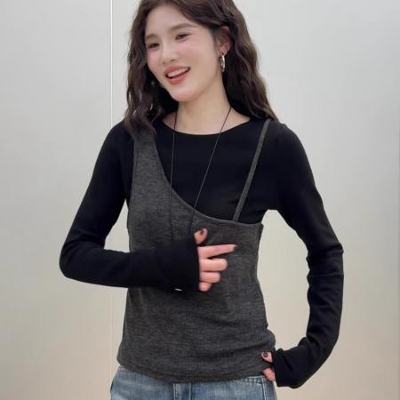 假两件拼接撞色打底衫长袖t恤女内搭显瘦上衣潮 服裝批發女裝批發服飾貨源