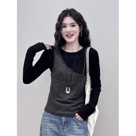 FA38954# 假两件拼接撞色打底衫长袖t恤女内搭显瘦上衣潮 服裝批發女裝批發服飾貨源