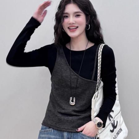 FA38954# 假两件拼接撞色打底衫长袖t恤女内搭显瘦上衣潮 服裝批發女裝批發服飾貨源