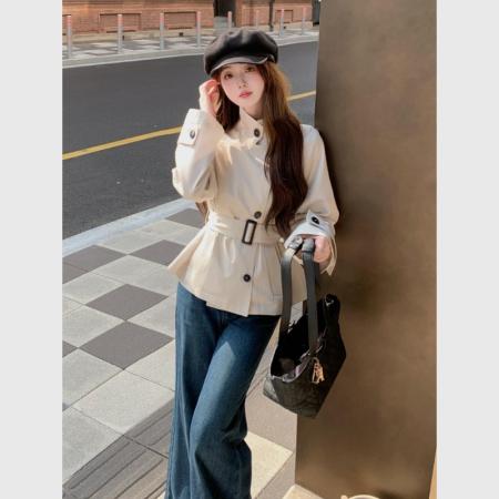 早秋新款韩系短款风衣女英伦风立领收腰小个子休闲短外套爆款 服裝批發女裝批發服飾貨源