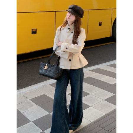 FA38956# 早秋新款韩系短款风衣女英伦风立领收腰小个子休闲短外套爆款 服裝批發女裝批發服飾貨源