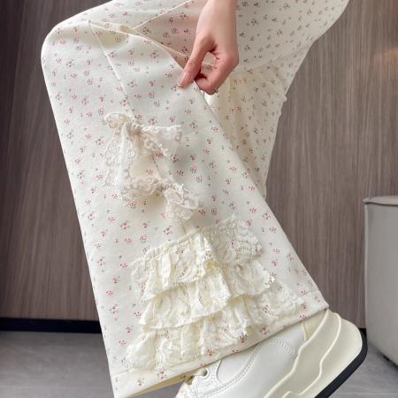 FA38958# 美式碎花蕾丝拼接微喇叭裤女夏季新高腰显瘦马蹄休闲拖地裤 服裝批發女裝批發服飾貨源