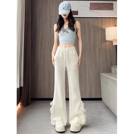 FA38958# 美式碎花蕾丝拼接微喇叭裤女夏季新高腰显瘦马蹄休闲拖地裤 服裝批發女裝批發服飾貨源