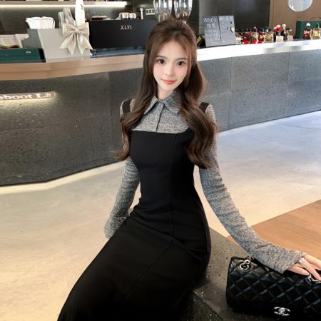 法式赫本风拼接连衣裙女新款修身显瘦polo领假两件超火长裙 服裝批發女裝批發服飾貨源