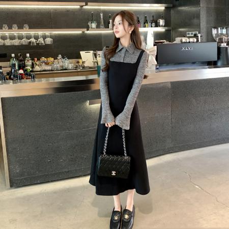 FA38961# 法式赫本风拼接连衣裙女新款修身显瘦polo领假两件超火长裙 服裝批發女裝批發服飾貨源