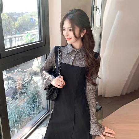 FA38961# 法式赫本风拼接连衣裙女新款修身显瘦polo领假两件超火长裙 服裝批發女裝批發服飾貨源