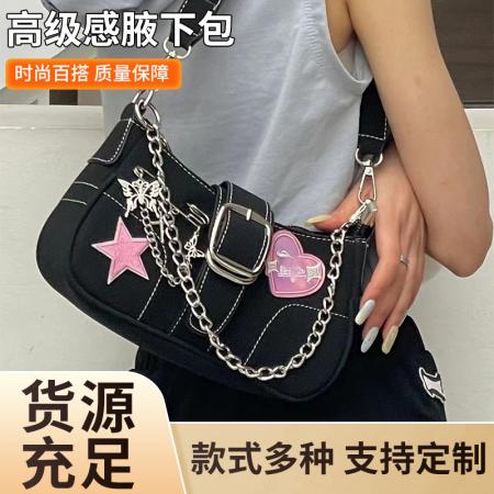 TJ1080# ins爱心蝴蝶胸针腋下包y2k辣妹机车法棍包女个性百搭斜挎蝴蝶结
