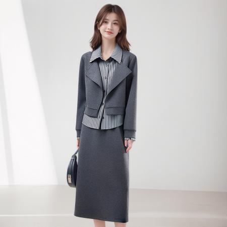 灰色条纹拼接中式假两件卫衣女秋季气质翻领长袖半身裙两件套 服裝批發女裝批發服飾貨源