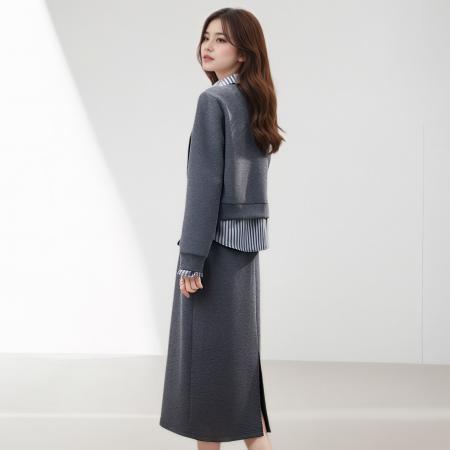 FA38980# 灰色条纹拼接中式假两件卫衣女秋季气质翻领长袖半身裙两件套 服裝批發女裝批發服飾貨源