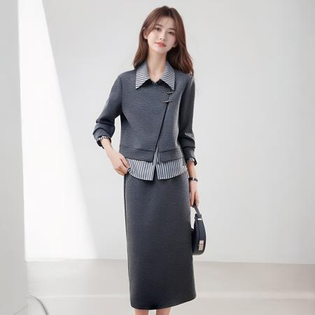 FA38980# 灰色条纹拼接中式假两件卫衣女秋季气质翻领长袖半身裙两件套 服裝批發女裝批發服飾貨源