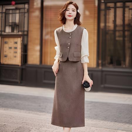 秋季新款马甲三件套修身显瘦长袖半身裙百搭气质女人时尚套装 服裝批發女裝批發服飾貨源