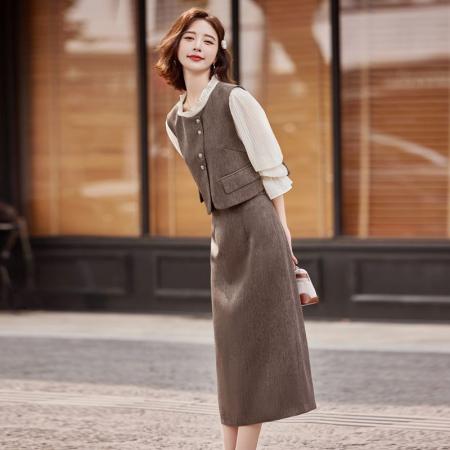FA38981# 秋季新款马甲三件套修身显瘦长袖半身裙百搭气质女人时尚套装 服裝批發女裝批發服飾貨源