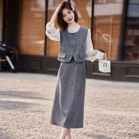 FA38981# 秋季新款马甲三件套修身显瘦长袖半身裙百搭气质女人时尚套装 服裝批發女裝批發服飾貨源