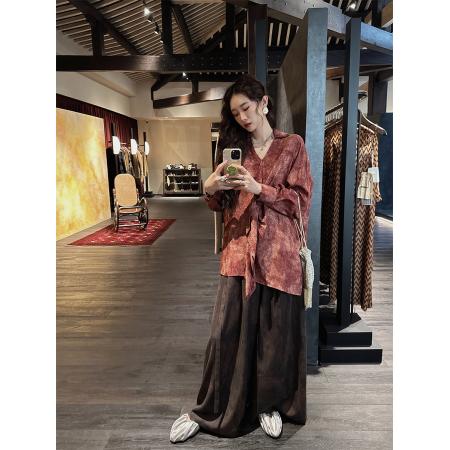 FA38983# 超火侘寂风人丝复古晕染秋季新款衬衫高级感轻奢宽松百搭上衣 服裝批發女裝批發服飾貨源