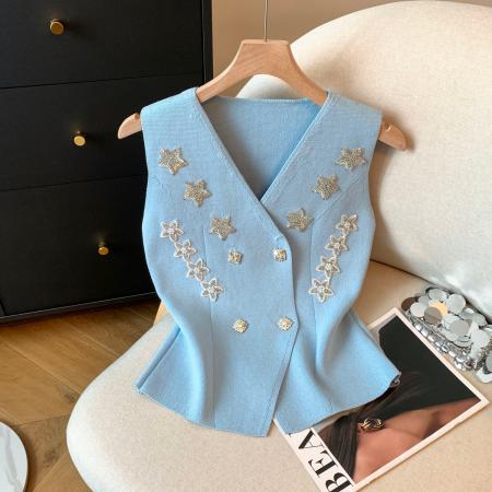 无袖背心针织衫女装上衣新款烫钻设计个性小众纯色百搭 服裝批發女裝批發服飾貨源