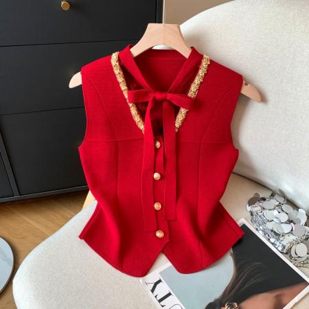 无袖背心V领针织衫女装上衣系带独特设计感潮流洋气百搭 服裝批發女裝批發服飾貨源