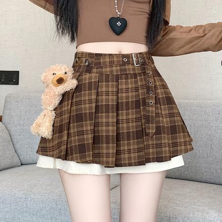 学院风复古咖色格子百褶裙女秋冬甜辣JK穿搭高腰a字裙短裙 服裝批發女裝批發服飾貨源
