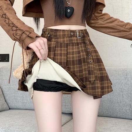 FA38988# 学院风复古咖色格子百褶裙女秋冬甜辣JK穿搭高腰a字裙短裙 服裝批發女裝批發服飾貨源