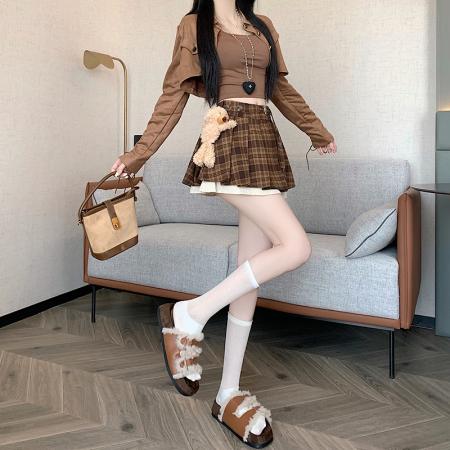 FA38988# 学院风复古咖色格子百褶裙女秋冬甜辣JK穿搭高腰a字裙短裙 服裝批發女裝批發服飾貨源