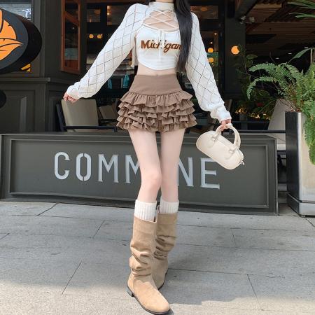 FA38989# 秋冬季新款甜美气质多层褶皱荷叶边高腰蛋糕裙半身裙女 服裝批發女裝批發服飾貨源