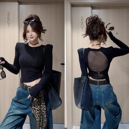 FA38990# 纯欲辣妹风露背网纱拼接长袖打底衫女早秋新款修身显瘦高级感上衣 服裝批發女裝批發服飾貨源